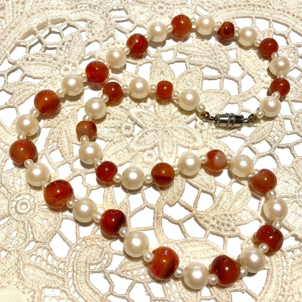 Classic Vintage Red Bead + Faux Pearl Necklace